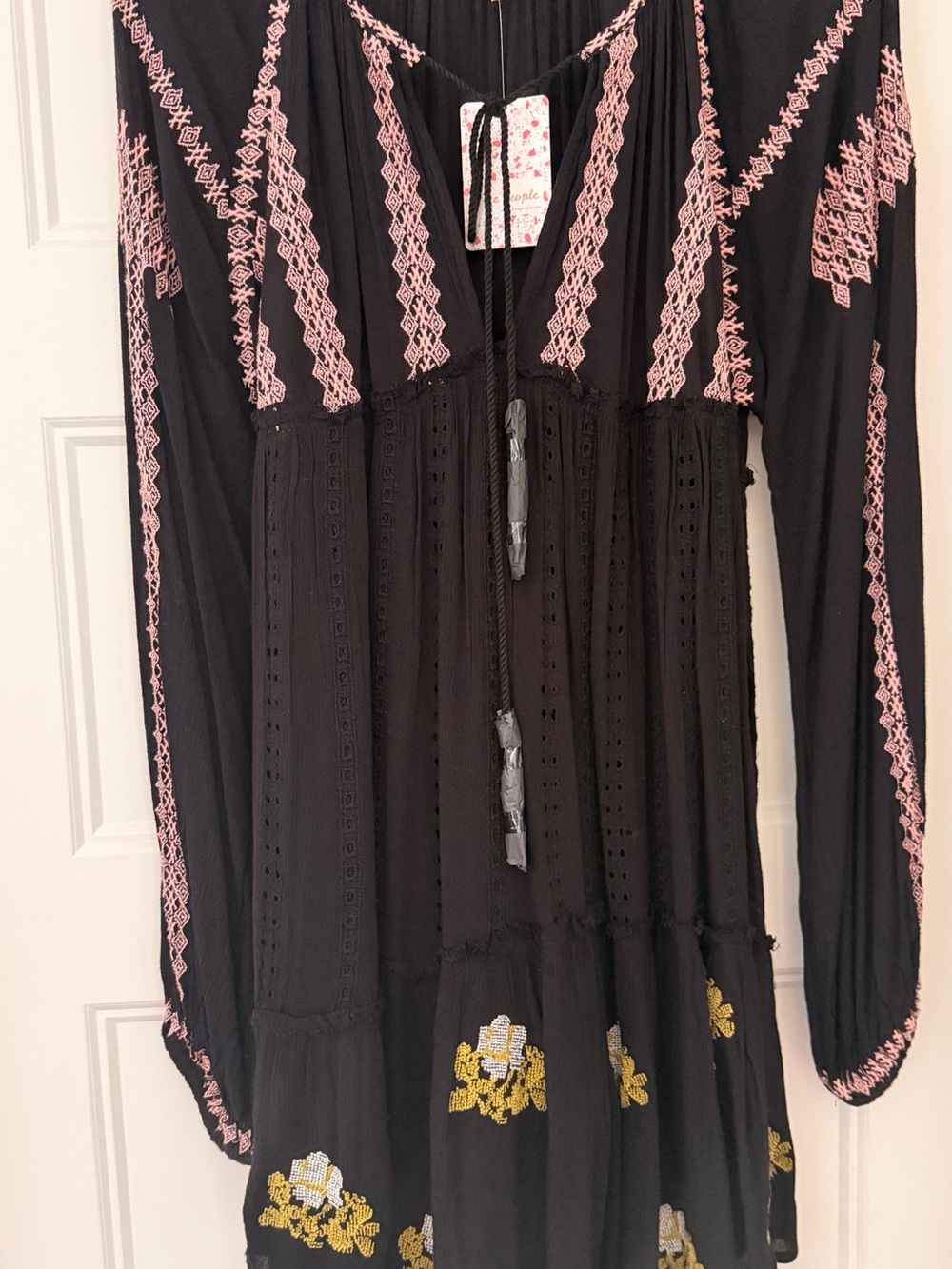 Free People Black Long-Sleeve Embroidered Tunic with Pink & Yellow Details